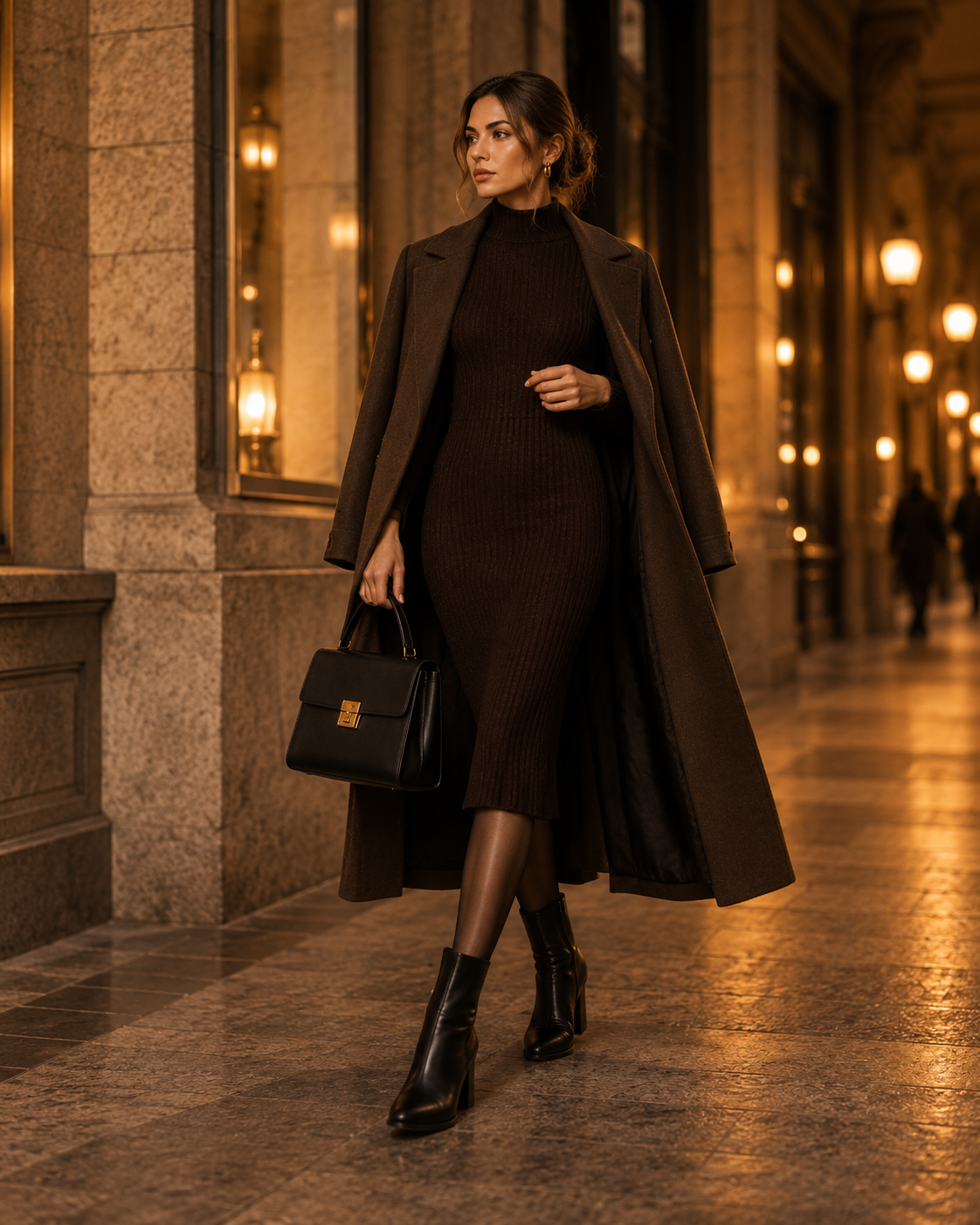 Elegantna jesenska kombinacija s pletenom haljinom dugim kaputom i gležnjačama