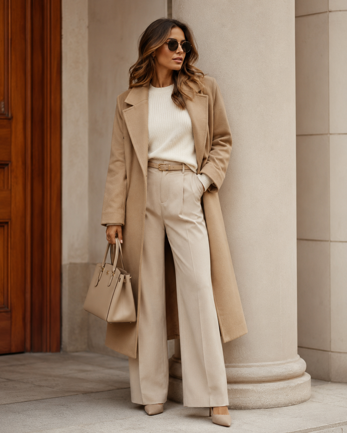 Monokromatski ženski outfit u bež, krem i camel tonovima