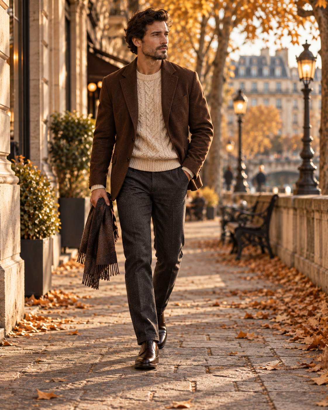 Muški smart casual outfit sa smeđim sakoom svijetlim džemperom i hlačama